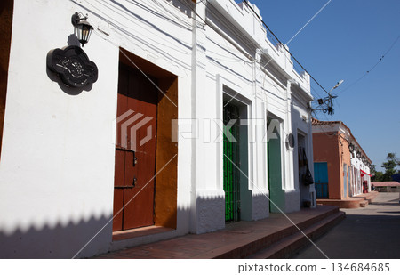 Beautiful colonial streets of the Heritage Town of Santa Cruz de Mompox in Colombia. 134684685