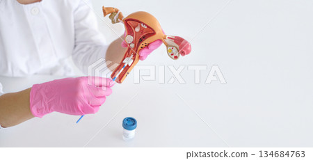 Banner on the medical topic of maintaining women's health in gynecology and taking tests to prevent the development and early diagnosis of cancer 134684763