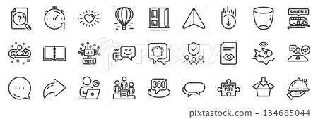 Get box, Search document and Book line icons pack. Share, Message, Paper plane icons. Restaurant food, Happy emotion, Shuttle bus web icon. Glass, Open door, Quick tips pictogram. Vector 134685044