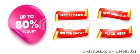 Discount tag sticker, offer ribbons. New arrivals, Click here. Up to 80 percent discount. Sale offer price sign. Special offer symbol. Save 80 percentages. Pink sticker tag. Vector Discount tag sticker, offer ribbons. New arrivals, Click here. Up to 80 percent discount. Sale offer price sign. Special offer symbol. Save 80 percentages. Pink sticker tag. Vector 134685051