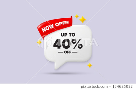 Discount tag chat speech bubble. Now open flag ribbon. Up to 40 percent off sale. Discount offer price sign. Special offer symbol. Save 40 percentages. 3d sparkle stars speech bubble. Vector Discount tag chat speech bubble. Now open flag ribbon. Up to 40 percent off sale. Discount offer price sign. Special offer symbol. Save 40 percentages. 3d sparkle stars speech bubble. Vector 134685052