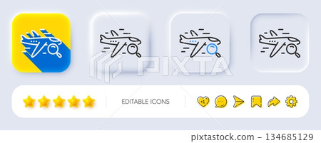 Search flight line icon. Neumorphic, Flat shadow, 3d buttons. Find travel sign. Magnify glass. Line search flight icon. Social media icons. Vector Search flight line icon. Neumorphic, Flat shadow, 3d buttons. Find travel sign. Magnify glass. Line search flight icon. Social media icons. Vector 134685129
