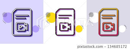 Document with Video content line icon. Halftone dotted pattern. Gradient icon with grain shadow. Vlog File with Camera sign. Paper page concept symbol. Line video file icon. Various designs. Vector 134685172