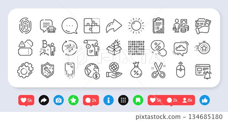 Sun energy, Loan and Cut line icons pack. Social media: share, comment, like icons. Binary code, Money profit, Safe planet web icon. Timer, Megaphone box, Fingerprint pictogram. Vector Sun energy, Loan and Cut line icons pack. Social media: share, comment, like icons. Binary code, Money profit, Safe planet web icon. Timer, Megaphone box, Fingerprint pictogram. Vector 134685180