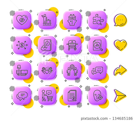 Luggage belt, Buyer think and Fitness line icons. App 3d buttons. Social media comment, share, like icons. Pack of Employees teamwork, Happy emotion, Hold heart icon. Vector 134685186