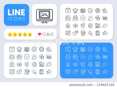 Password encryption, Brand and Checklist line icons for web app. Message, Share, Like social media icons. Pack of Annual calendar, Approved mail, Puzzle game pictogram icons. Vector 134685188