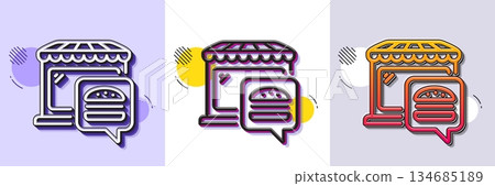 Food market line icon. Halftone dotted pattern. Gradient icon with grain shadow. Fast food restaurant sign. Retail marketplace symbol. Line food market icon. Various designs. Vector 134685189