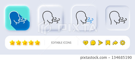 Breathing line icon. Neumorphic, Flat shadow, 3d buttons. Breath difficulties sign. Respiration problems symbol. Line breathing exercise icon. Social media icons. Vector 134685190