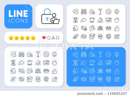 Dice, Cooking hat and Sun protection line icons for web app. Message, Share, Like social media icons. Pack of Helping hand, Decreasing graph, Support consultant pictogram icons. Vector 134685207