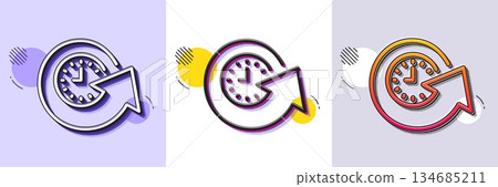 Update time line icon. Halftone dotted pattern. Gradient icon with grain shadow. Refresh watch sign. Line update time icon. Various designs. Vector 134685211