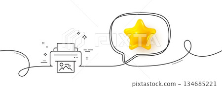 Print image line icon. Continuous line with 3d star. Photo printer sign. Picture symbol. 3d star in speech bubble. Print image single line ribbon. Loop curve pattern. Vector Print image line icon. Continuous line with 3d star. Photo printer sign. Picture symbol. 3d star in speech bubble. Print image single line ribbon. Loop curve pattern. Vector 134685221