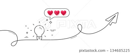 Light Bulb line icon. Continuous line with share plane. Lamp sign. Idea, Solution or Thinking symbol. Hearts rate review in speech bubble. Light bulb single line ribbon. Loop curve pattern. Vector 134685225