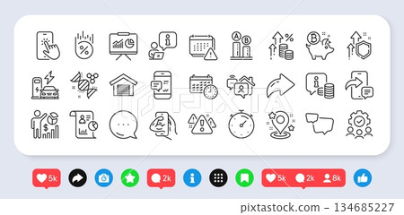 Phone message, Speech bubble and Fitness line icons pack. Social media: share, comment, like icons. Loan percent, Work home, Calendar web icon. Vector 134685227