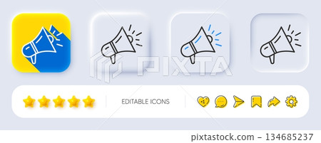 Megaphone line icon. Neumorphic, Flat shadow, 3d buttons. Advertisement device symbol. Brand ambassador loudspeaker sign. Line megaphone icon. Social media icons. Vector 134685237