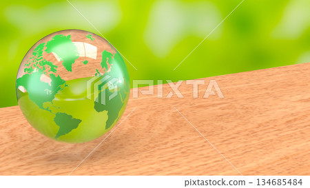 Transparent Green Earth Globe on Wooden Surface with Fresh Eco Background 3d render. 134685484
