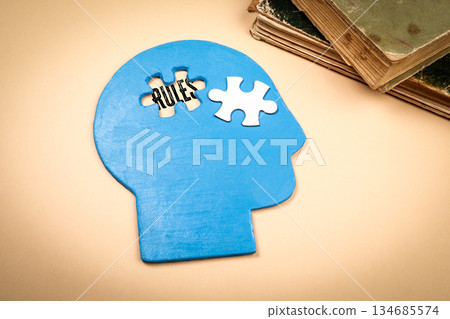 Mind Rules Concept with Blue Head Silhouette and Puzzle Piece on Beige Background Mind Rules Concept with Blue Head Silhouette and Puzzle Piece on Beige Background 134685574