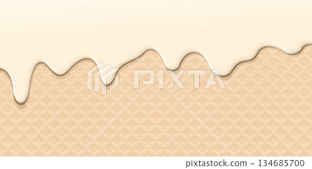 Melted vanilla ice cream drop on ice cream cone texture background graphic illustration. 134685700