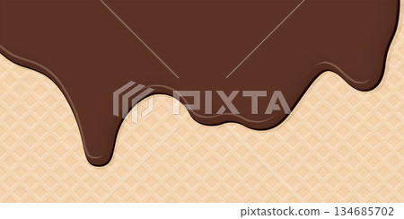 Melted chocolate ice cream drop on ice cream cone texture background graphic illustration have blank space. Melted chocolate ice cream drop on ice cream cone texture background graphic illustration have blank space. 134685702