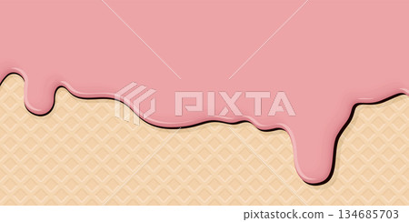 Melted strawberry ice cream drop on ice cream cone texture background graphic illustration have blank space. 134685703