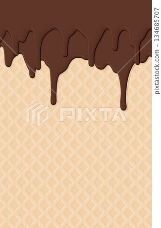 Melted chocolate ice cream drop on ice cream cone texture vertical background graphic illustration have blank space. Melted chocolate ice cream drop on ice cream cone texture vertical background graphic illustration have blank space. 134685707