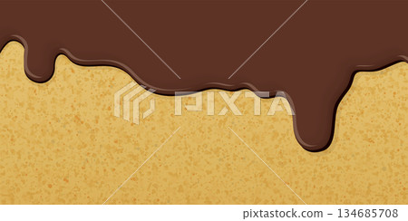 Melted milk chocolate pouring on sponge cake texture background graphic illustration. 134685708