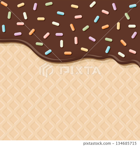 Melted milk chocolate ice cream with colorful sprinkles sugar topping pouring on ice cream cone texture square background graphic illustration. Melted milk chocolate ice cream with colorful sprinkles sugar topping pouring on ice cream cone texture square background graphic illustration. 134685715