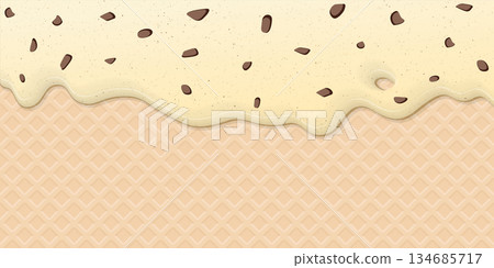 Melted chocolate chip ice cream drop on ice cream cone texture background graphic illustration have blank space. 134685717