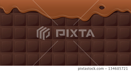 Melted caramel pouring on milk chocolate bar background graphic illustration. 134685721