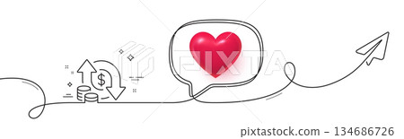 Change money line icon. Continuous line with share plane. Currency exchange sign. Transfer payment symbol. 3d heart in speech bubble. Change money single line ribbon. Loop curve pattern. Vector 134686726