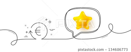Euro Money exchange line icon. Continuous line with 3d star. Banking currency sign. EUR Cash symbol. 3d star in speech bubble. Exchange currency single line ribbon. Loop curve pattern. Vector 134686773