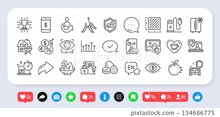 Charging station, Inflation and Smartphone payment line icons pack. Social media: share, comment, like icons. Share, Food delivery, Growth chart web icon. Vector 134686775