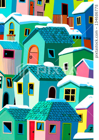冬季城市景觀背景，色彩繽紛的斯堪的納維亞風格房屋 134686778