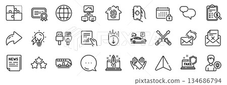 Computer cables, Bus tour and Start business line icons pack. Share, Message, Paper plane icons. Accounting report, Work home, Health app web icon. Vector 134686794