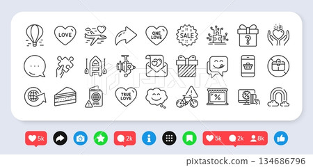 Fishing reel, Puzzle and Puzzle options line icons pack. Social media: share, comment, like icons. Air balloon, Bike attention, Yummy smile web icon. Vector 134686796