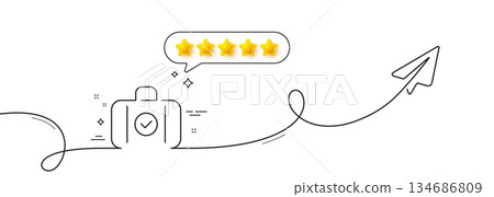 Carry-on baggage line icon. Continuous line with share plane. Travel handbag sign. Allowed luggage bag symbol. Five star rate review in speech bubble. Carry-on baggage single line ribbon. Vector 134686809