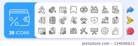 Tax line icons. Interest rate, AI generate, Inflation icons. Mortgage rate, Money credit and finance payroll set. Increase percent rate, return overpayment money, tax amount line icons. Vector Tax line icons. Interest rate, AI generate, Inflation icons. Mortgage rate, Money credit and finance payroll set. Increase percent rate, return overpayment money, tax amount line icons. Vector 134686822
