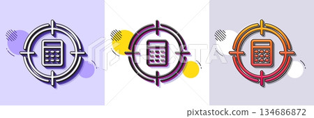 Calculator in target line icon. Halftone dotted pattern. Gradient icon with grain shadow. Accounting or Audit sign. Calculate finance symbol. Line calculator target icon. Various designs. Vector 134686872