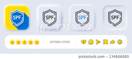 Spf protection line icon. Neumorphic, Flat shadow, 3d buttons. Sun protect sign. Sunscreen effect symbol. Line spf protection icon. Social media icons. Vector 134686880