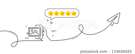 Image album line icon. Continuous line with share plane. Phone photo sign. Smartphone picture gallery symbol. Five star rate review in speech bubble. Image album single line ribbon. Vector 134686885