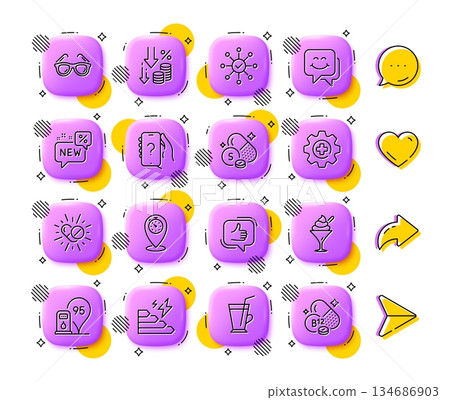 Coffee cup, Ask question and Petrol station line icons. App 3d buttons. Social media comment, share, like icons. Pack of Smile face, Timer, Medicine icon. Vector Coffee cup, Ask question and Petrol station line icons. App 3d buttons. Social media comment, share, like icons. Pack of Smile face, Timer, Medicine icon. Vector 134686903