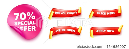 Discount sticker, offer ribbons. Apply now, Did you know. 70 percent discount offer tag. Sale price promo sign. Special offer symbol. Pink sticker tag. Flag ribbon banners. Vector Discount sticker, offer ribbons. Apply now, Did you know. 70 percent discount offer tag. Sale price promo sign. Special offer symbol. Pink sticker tag. Flag ribbon banners. Vector 134686907