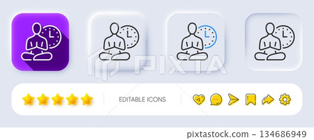 Yoga line icon. Neumorphic, Flat shadow, 3d buttons. Meditation pose sign. Relax body and mind symbol. Line yoga icon. Social media icons. Vector 134686949