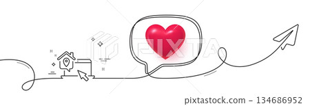 Work at home line icon. Continuous line with share plane. Freelance job sign. Remote office employee symbol. 3d heart in speech bubble. Work home single line ribbon. Loop curve pattern. Vector 134686952