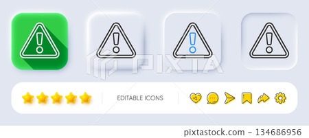 Warning line icon. Neumorphic, Flat shadow, 3d buttons. Attention triangle sign. Caution alert symbol. Line warning icon. Social media icons. Vector Warning line icon. Neumorphic, Flat shadow, 3d buttons. Attention triangle sign. Caution alert symbol. Line warning icon. Social media icons. Vector 134686956