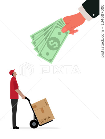 Courier delivers cardboard box with hand truck and customer gives money stock illustration 134687000