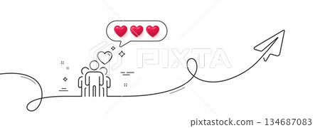 Friendship line icon. Continuous line with share plane. Friends group sign. Assistance business symbol. Hearts rate review in speech bubble. Friendship single line ribbon. Loop curve pattern. Vector 134687083