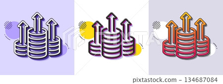Budget line icon. Halftone dotted pattern. Gradient icon with grain shadow. Money gain sign. Cash coin profit symbol. Line budget icon. Various designs. Vector 134687084