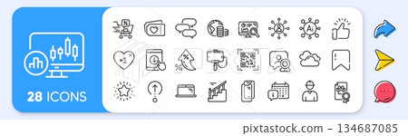 Laptop, Calendar and Networking line icons. Interest rate, AI generate, Inflation icons. Pack of Cloudy weather, Smartphone glass, Engineer icon. Twinkle star, Budget, Talk bubble pictogram. Vector Laptop, Calendar and Networking line icons. Interest rate, AI generate, Inflation icons. Pack of Cloudy weather, Smartphone glass, Engineer icon. Twinkle star, Budget, Talk bubble pictogram. Vector 134687085