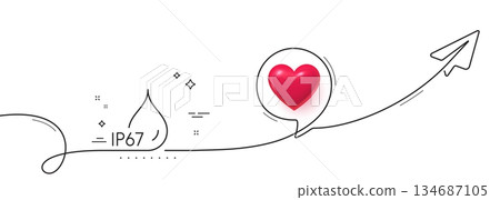 Waterproof line icon. Continuous line with share plane. Water resistant ip67 sign. Drop protection symbol. 3d heart in speech bubble. Waterproof single line ribbon. Loop curve pattern. Vector Waterproof line icon. Continuous line with share plane. Water resistant ip67 sign. Drop protection symbol. 3d heart in speech bubble. Waterproof single line ribbon. Loop curve pattern. Vector 134687105