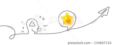 Cough line icon. Continuous line with share plane. Coronavirus symptom sign. Flu, sneeze or pneumonie symbol. 3d star in speech bubble. Cough single line ribbon. Loop curve pattern. Vector 134687110